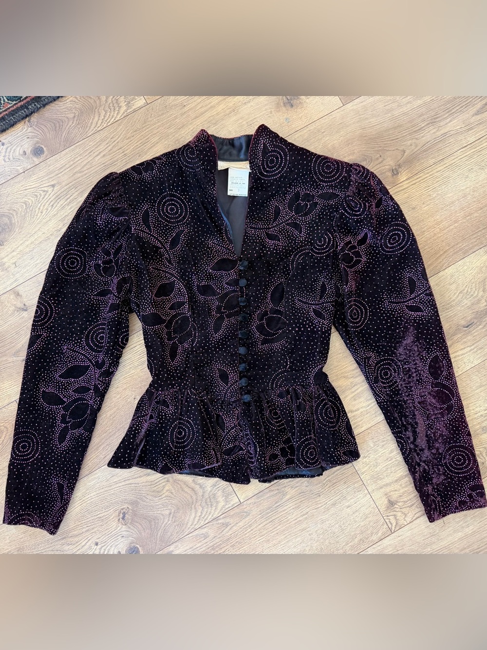 Vintage Gunne Sax Black Velvet Glam Jacket with Floral Design and Peplum